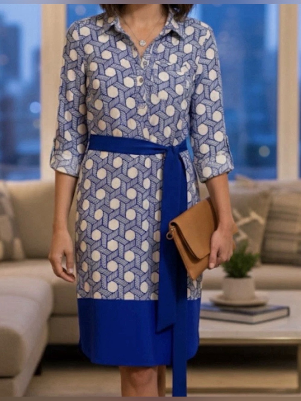 Donna Morgan Blue and White Long Sleeve Dress